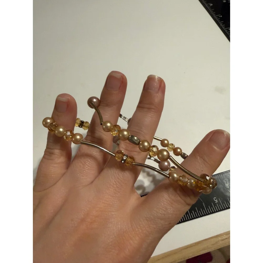 Set of 2 Evil Eye Cross Beaded Bracelets Gold Tone Champagne Pearl Amber Crystal
